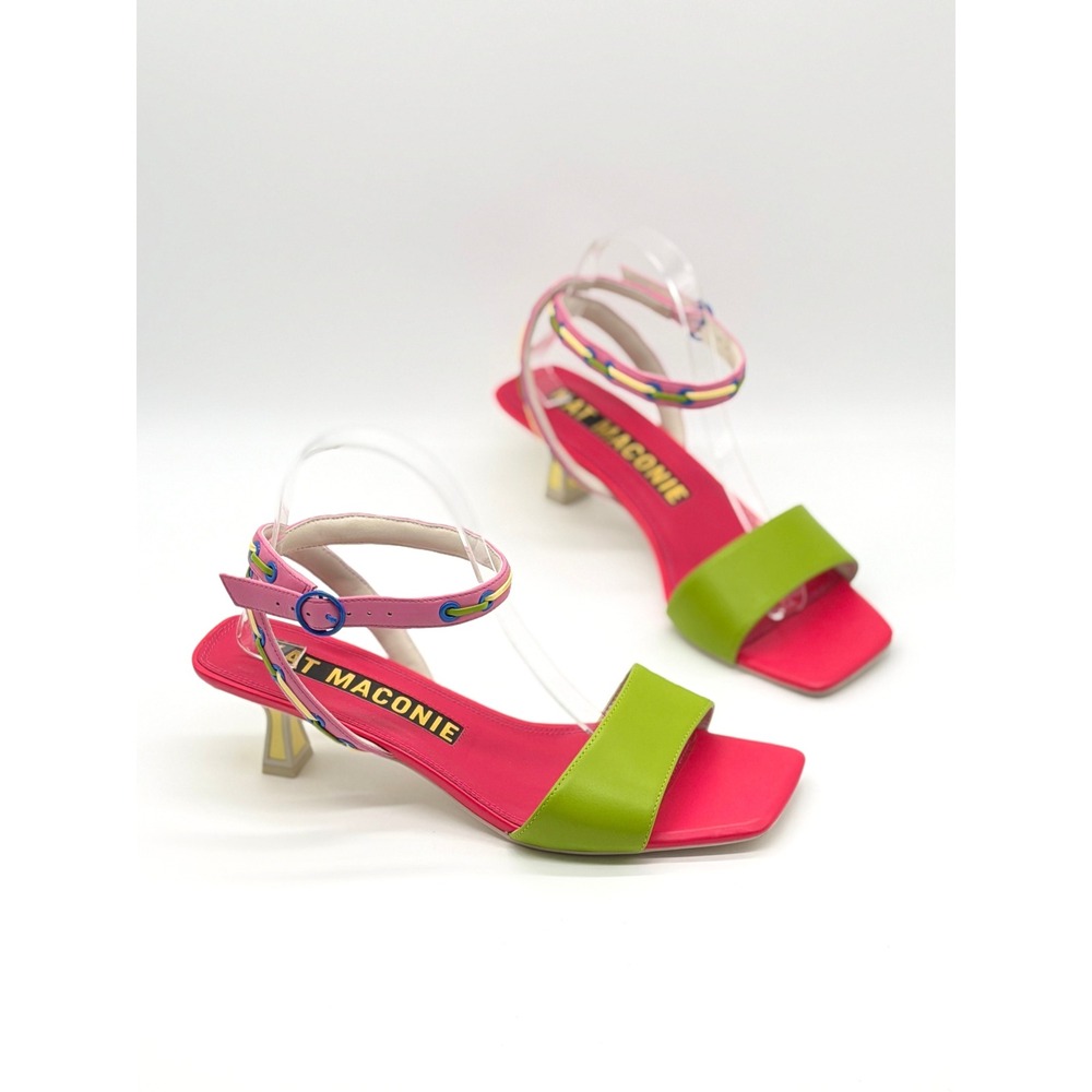 KAT MACONIE Sandals Women 11 Pink Green Strappy Ankle Strap Kitten Heel
